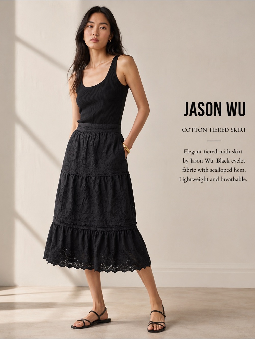 Jason Wu Black Eyelet Tiered Midi Skirt
